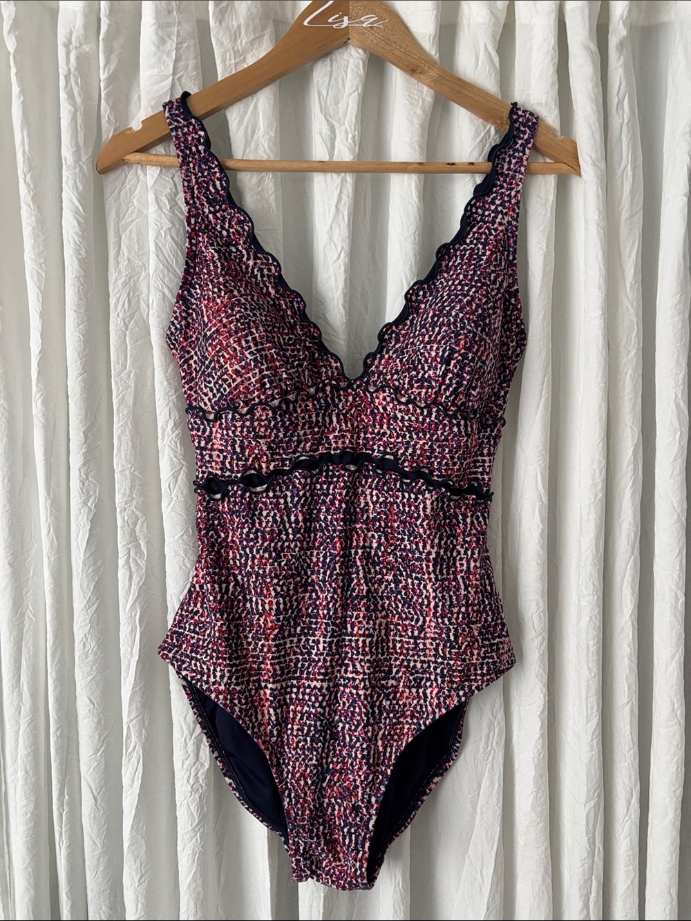 Dkny Pink and Navy Scalloped V-Neck One-Piece Swimsuit
